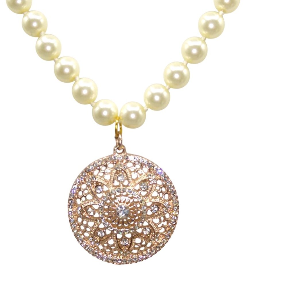 Vintage Pearl Strand Necklace with Rose Gold Medallion and Crystal Pendant